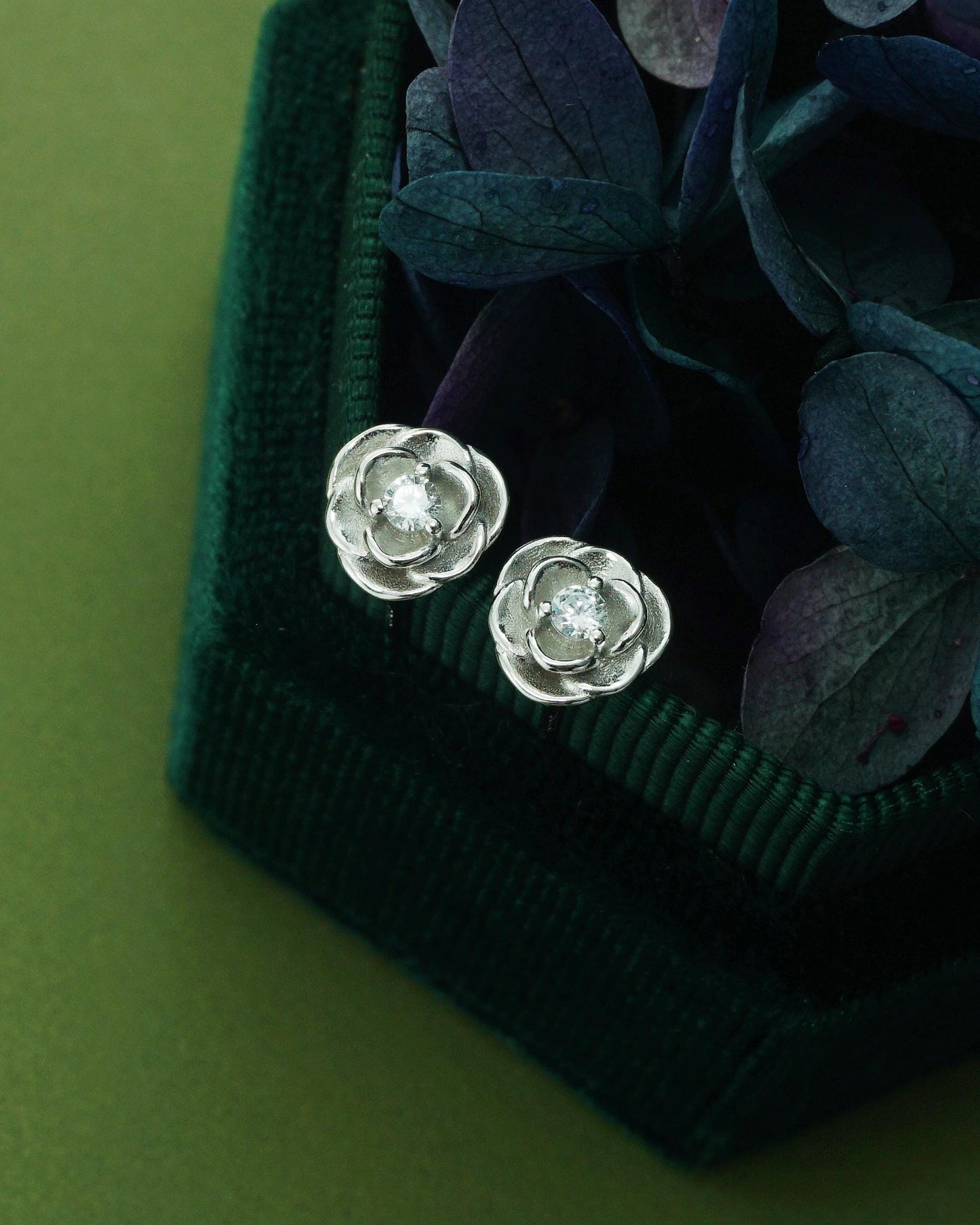 Pair of Camellia Flower Stud Earrings in Sterling Silver with CZ Crystal
