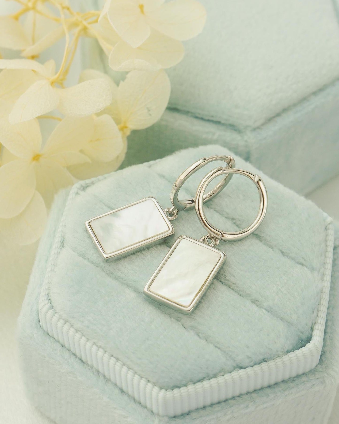 Pair of Dangly Rectangle Shell Charm Sterling Silver Hoop Earrings in Rhodium or 18ct Gold Plated