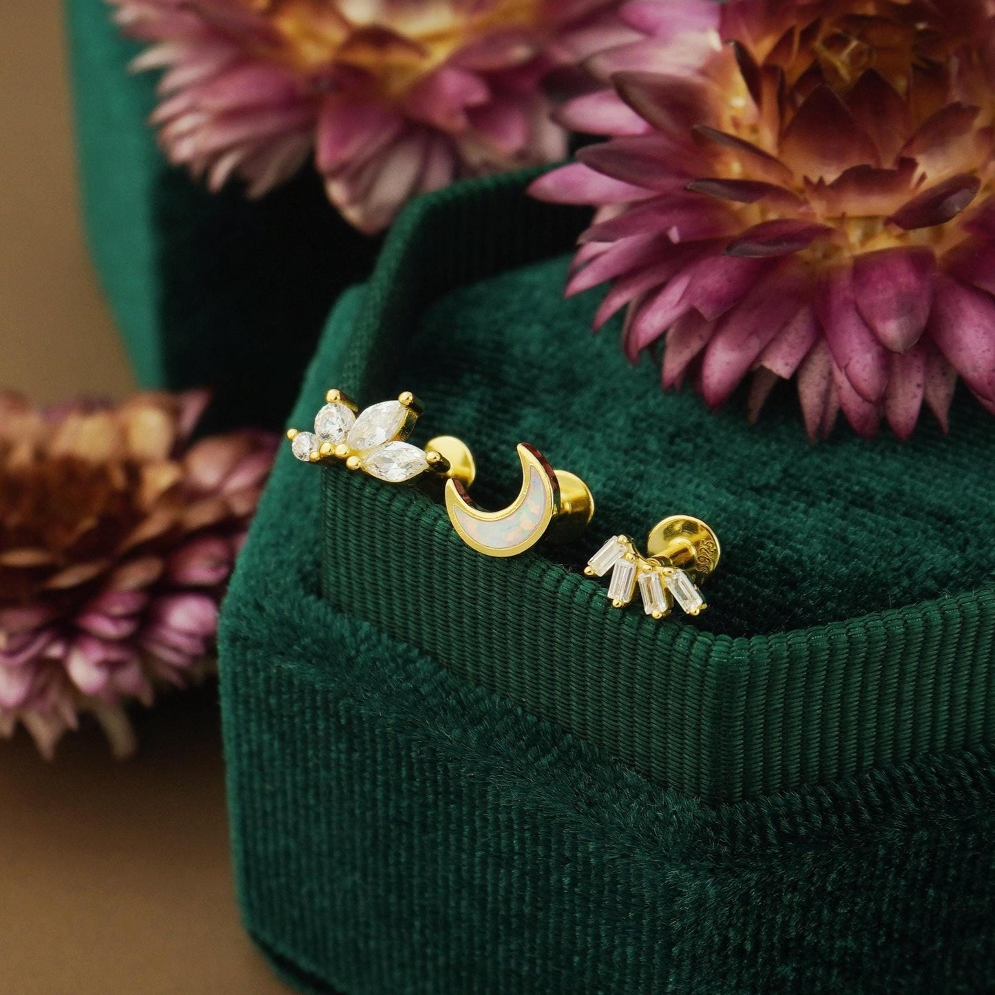 1 pc of CZ / Fire Opal Stud Earring in Gold Plated over Sterling Silver, Tiny Baguette / Marquise / Moon Design, 6mm or 8mm Post