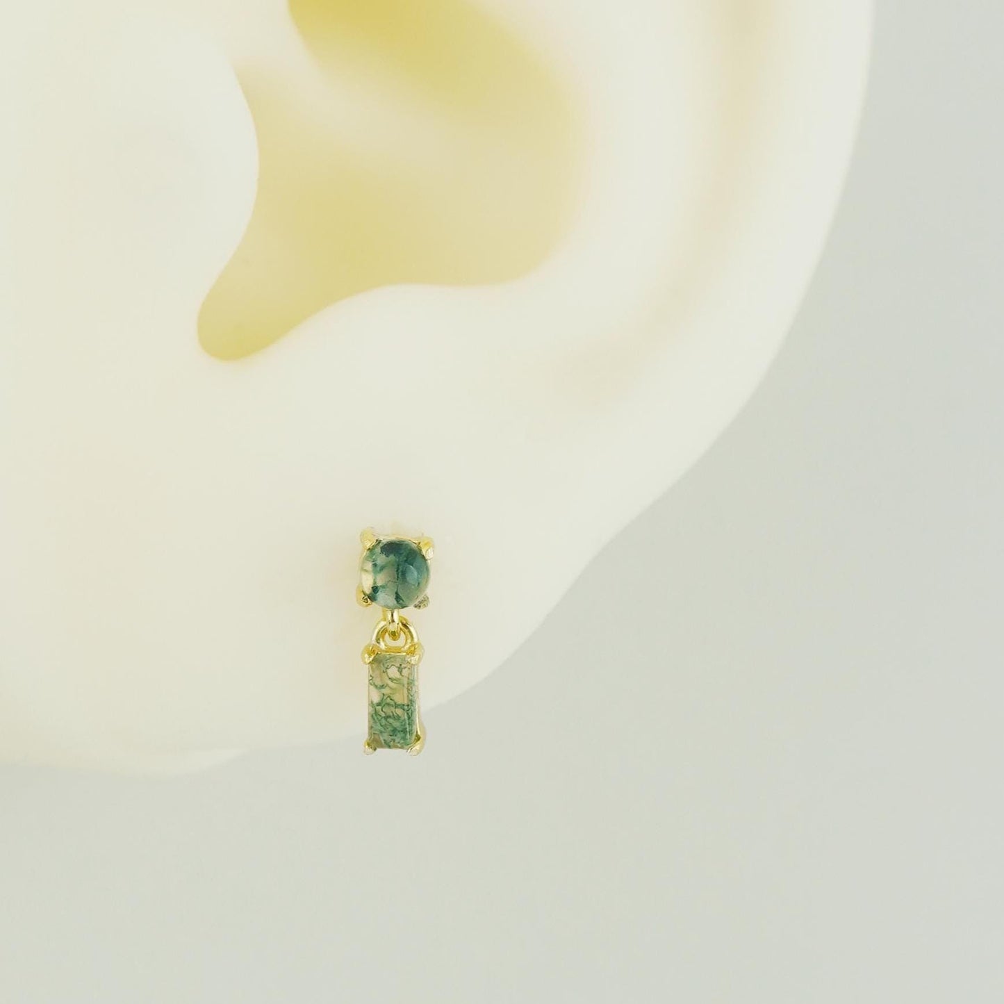 1 pc of Natural Green Moss Agate Cabochon and Dangly Baguette Stud Earring, Gold Plated over Sterling Silver