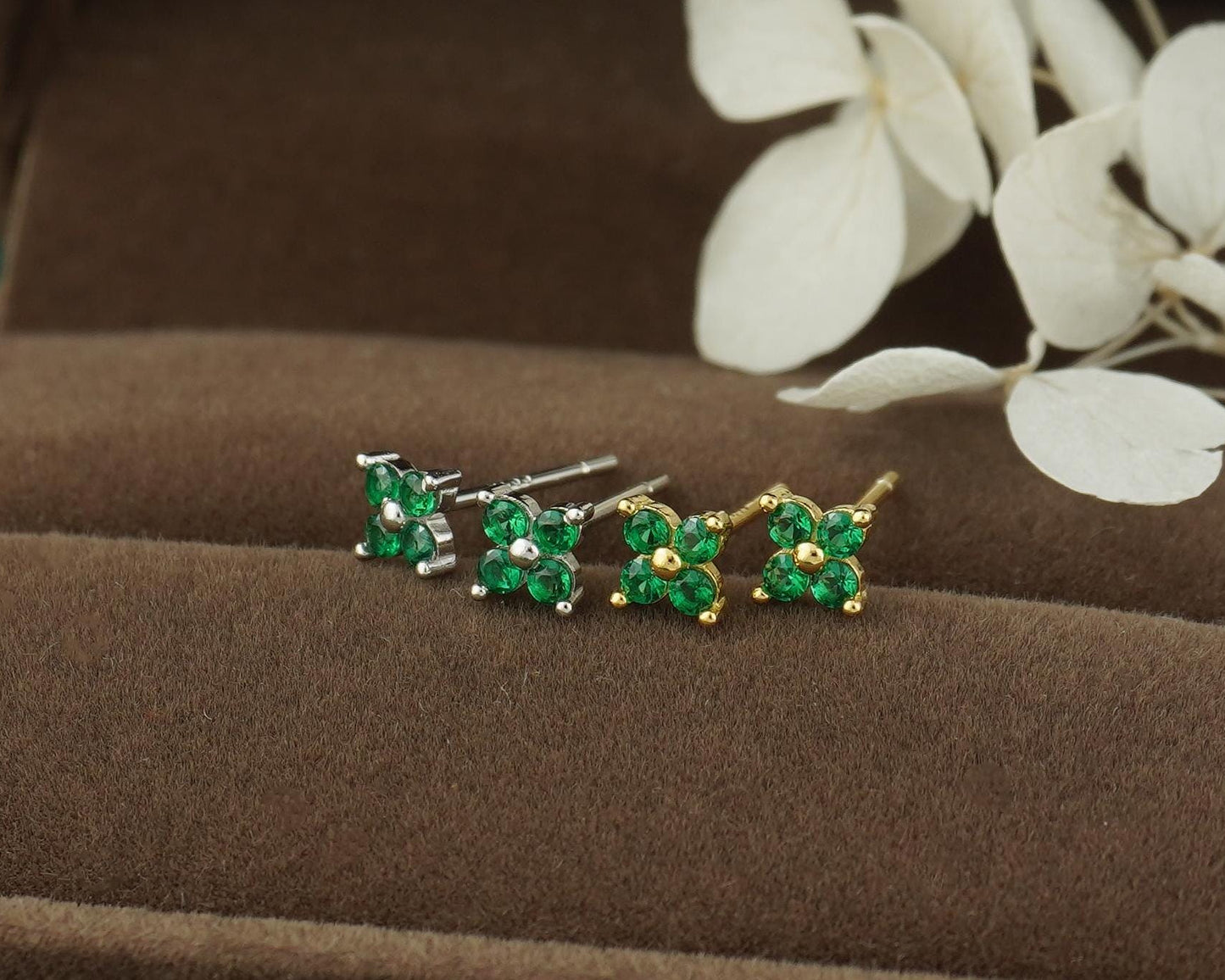 Pair of Tiny Quartet CZ Stud Earrings in Sterling Silver / Gold, Sparkly Hydrangea Flower in Emerald, Onyx, Ruby