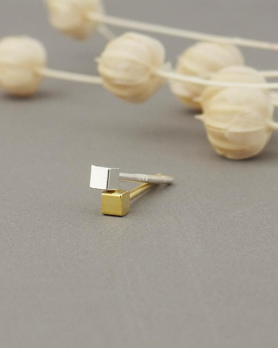 Pair of Tiny 2mm Square Cube Stud Earrings in Sterling Silver or 14ct Gold Plated