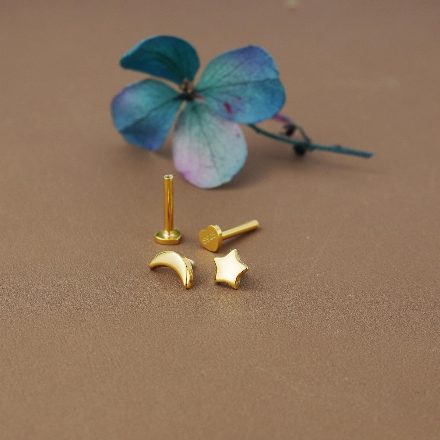 Pair of Sterling Silver Tiny Crescent Moon & Star Stud Earrings in Silver or Plated Gold