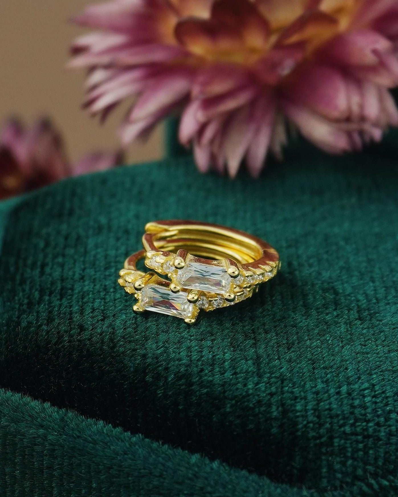 Pair of Baguette Emerald Green / Clear CZ Huggie Hoop Earrings in Sterling Silver or Plated Gold, Rectangular Gem Ear Jewelry