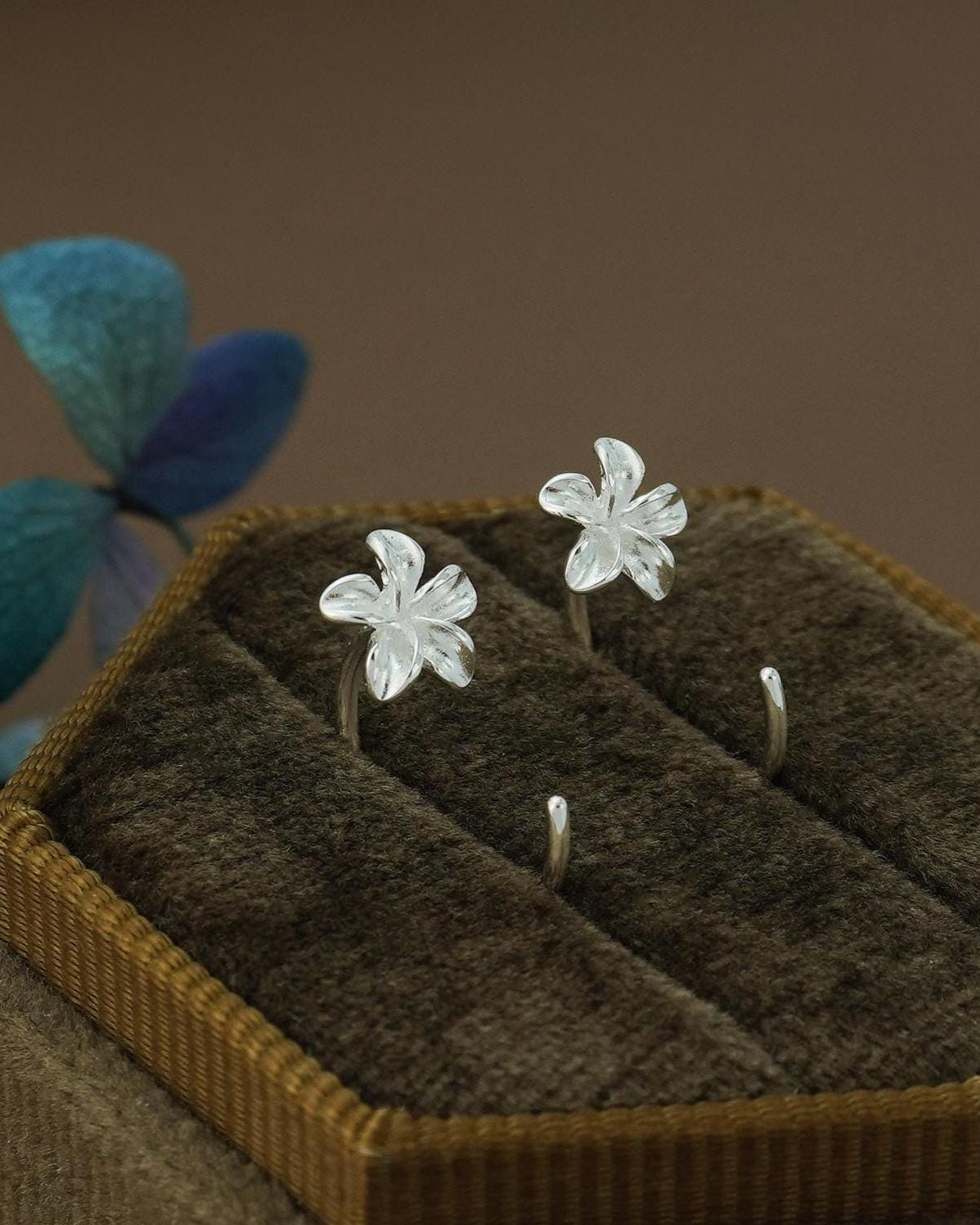 Pair of Plumeria Flower Open Hoop Threader Earrings in Sterling Silver