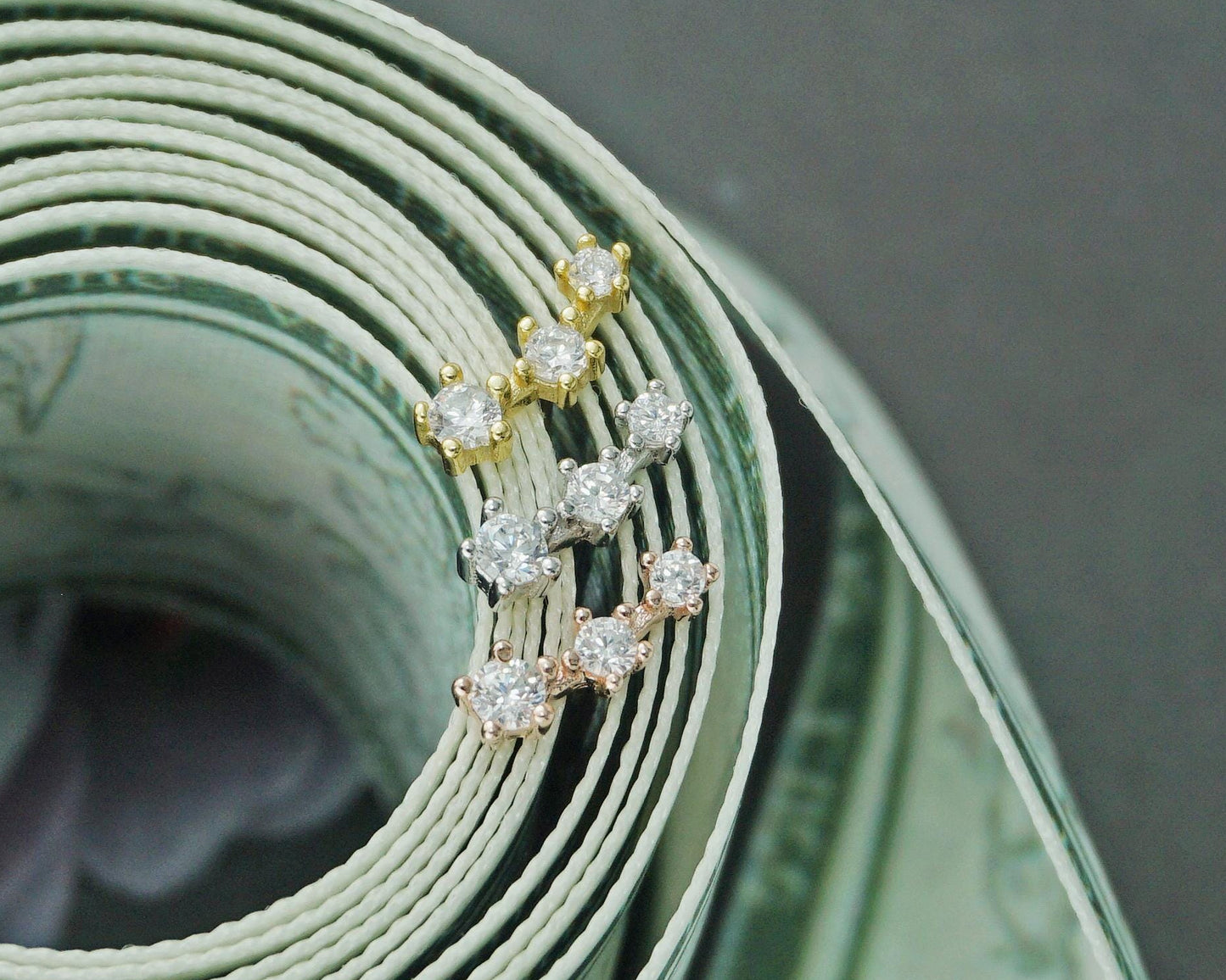 Pair of Tiny Trio CZ Sterling Silver Stud Earrings in Rhodium, 18ct Gold or Rose Gold Plated