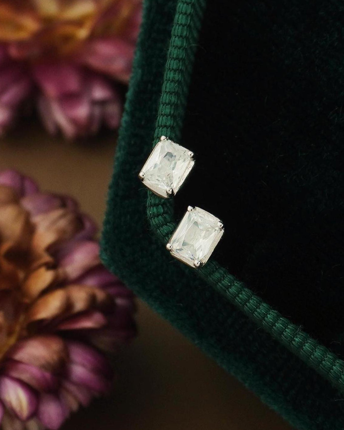 Pair of Emerald-Cut CZ Stud Earrings in Sterling Silver or Gold Plated, Sparkly Rectangle Crystal Stone