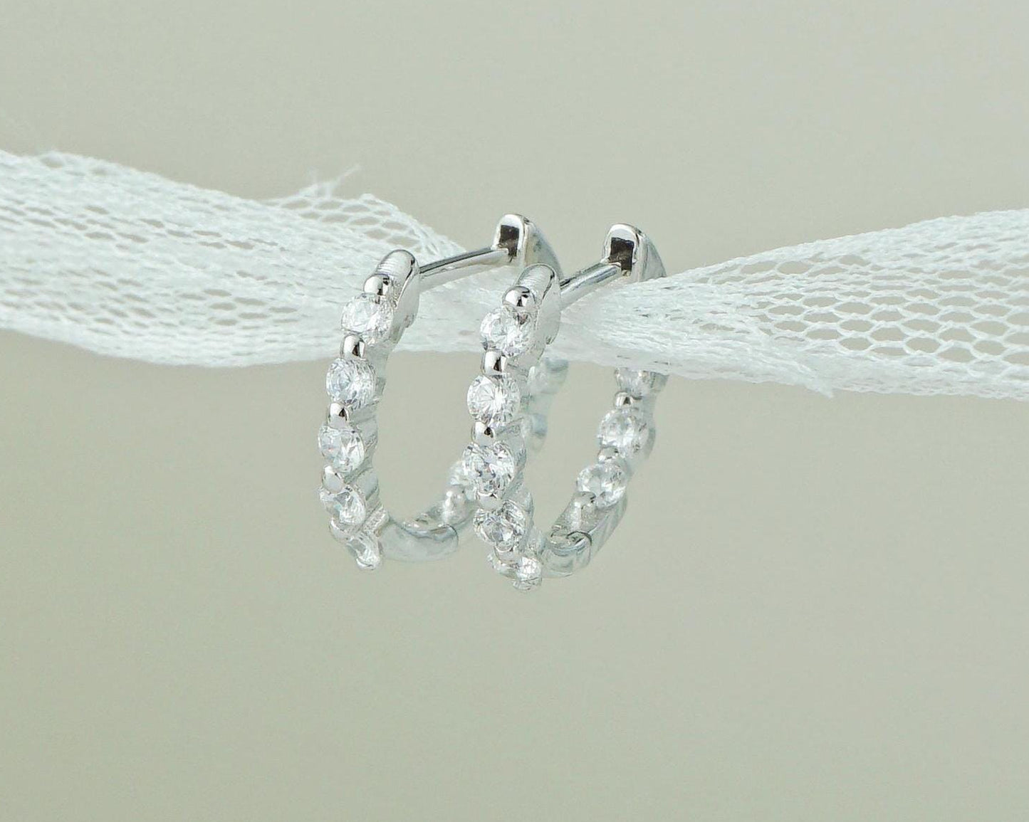 Pair of Sterling Silver Inside Out CZ Gemstone Huggie Hoop Earrings in Rhodium or 18ct Gold Plated