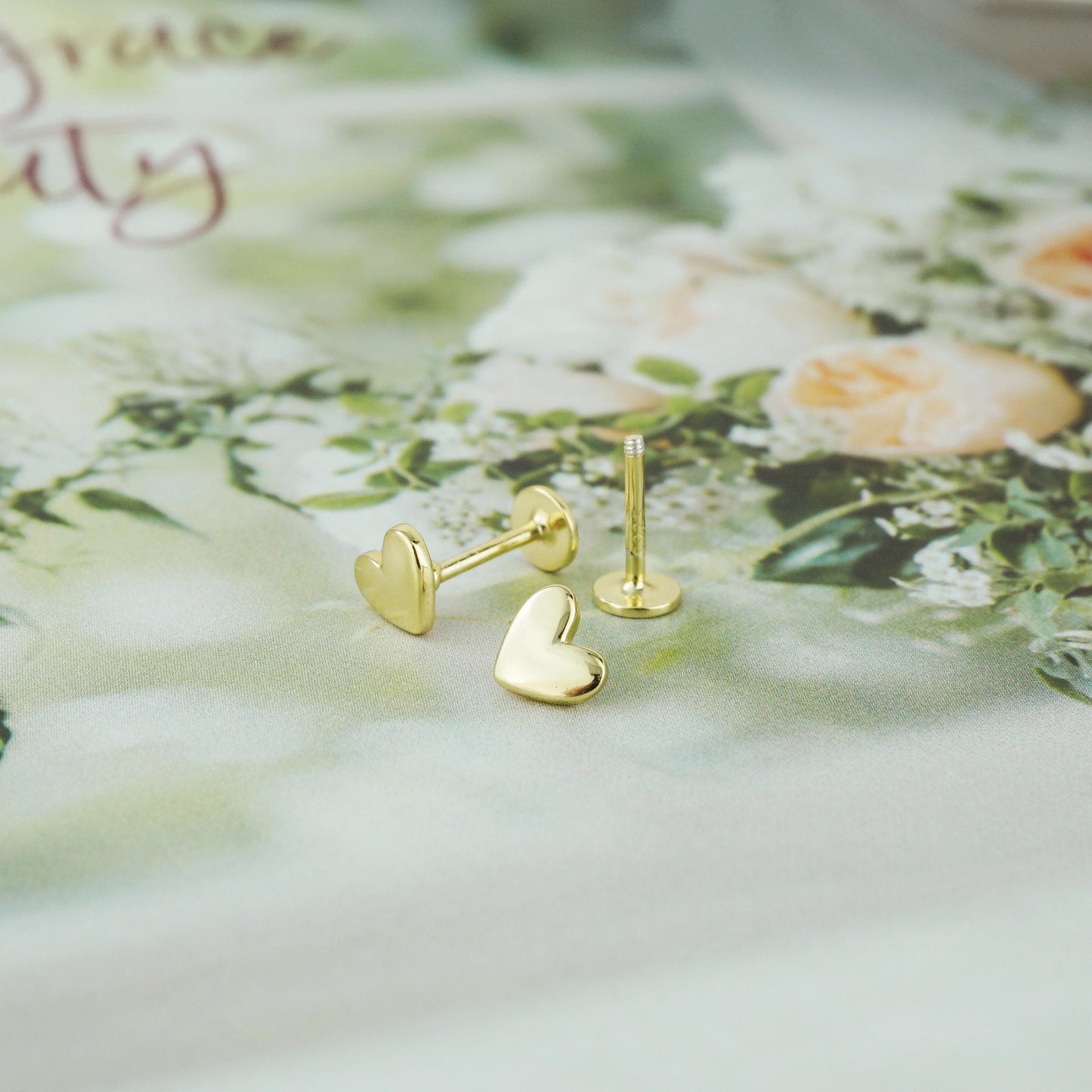 Pair of Tiny Heart Stud Earrings in Sterling Silver, 14ct Gold or Rose Gold, Flat Screw Back Piercing