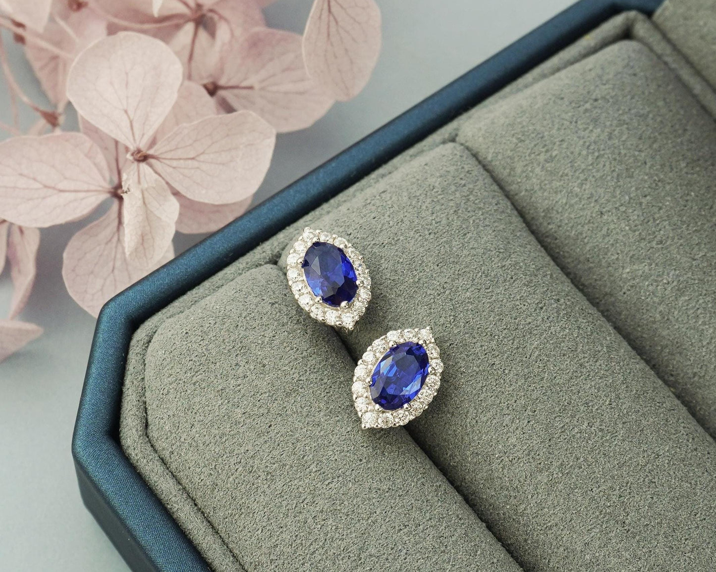 Pair of Marquise-shaped Stud Earrings Featuring a Central Blue Gemstone Surrounded by a Halo of CZ Accents, 14ct Gold Plated/Sterling Silver