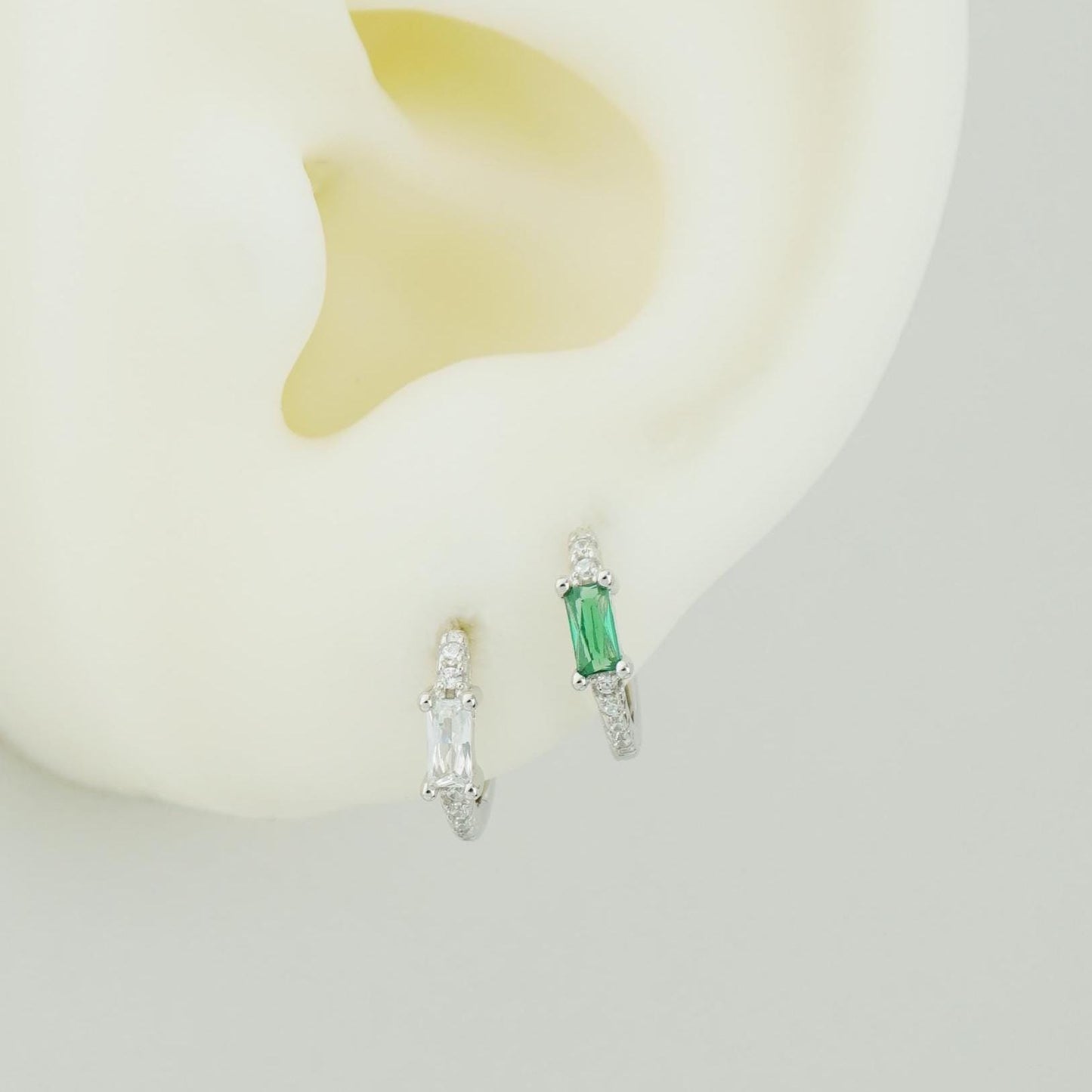 Pair of Baguette Emerald Green / Clear CZ Huggie Hoop Earrings in Sterling Silver or Plated Gold, Rectangular Gem Ear Jewelry