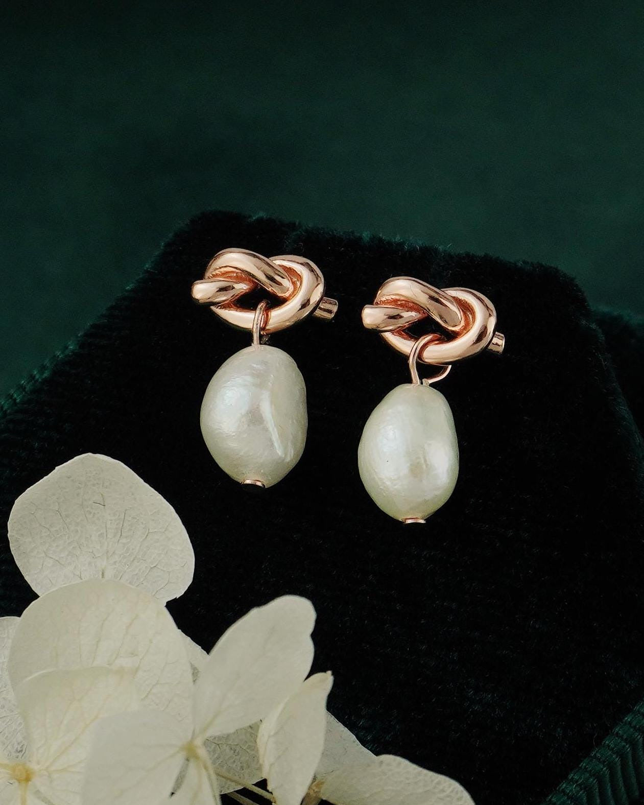 Pair of Natural Freshwater Baroque Pearl Stud Earrings in Sterling Silver, Rose or 18ct Gold Plated, Love Knot Wedding Bridesmaid Gift