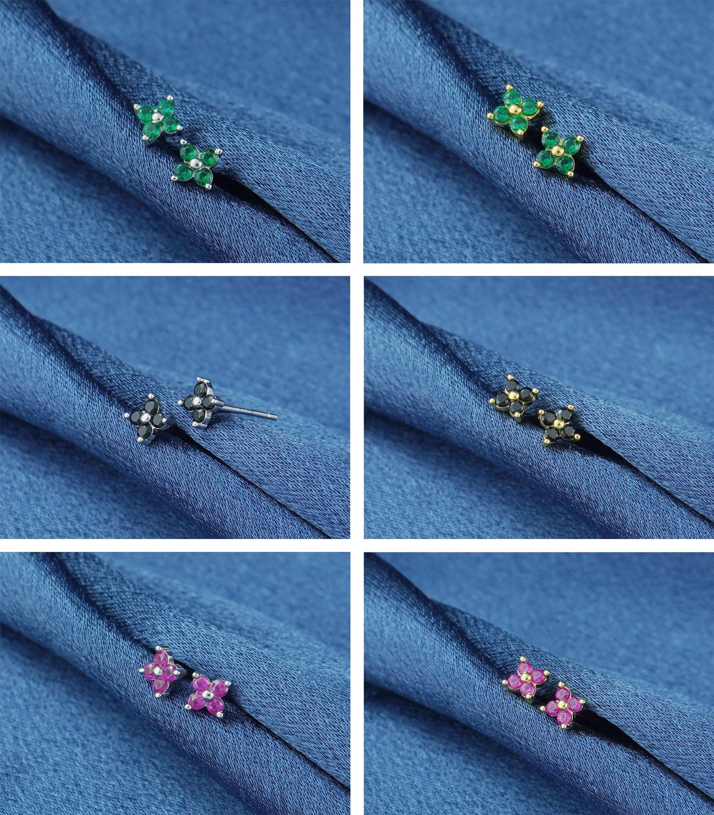 Pair of Tiny Quartet CZ Stud Earrings in Sterling Silver / Gold, Sparkly Hydrangea Flower in Emerald, Onyx, Ruby