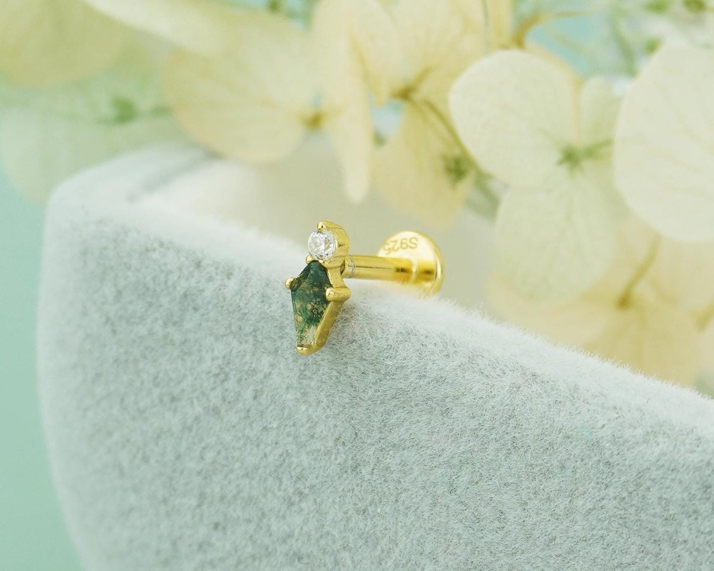 1 pc of Natural Green Moss Agate Kite Shape Flat Back Stud Earring in Gold Plated over Sterling Silver, Helix Tragus Cartilage Piercing Jewelry
