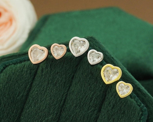 Pair of Tiny CZ Heart Sterling Silver Stud Earrings in Rhodium, 14ct Gold or Rose Gold Plated, 2 Sizes Simple Stacking Earlobe Jewelry