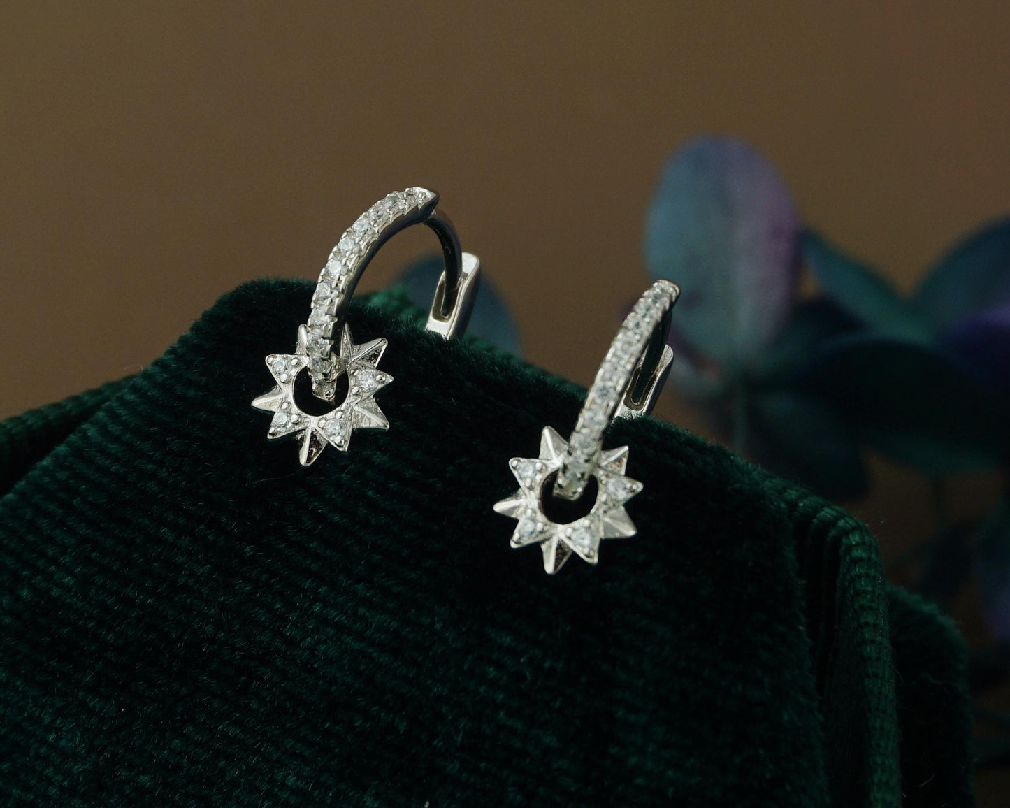 Pair of Sun Huggie Hoop Earrings in 925 Sterling Silver or Plated Gold, Sunburst Charm, CZ Paved Loop