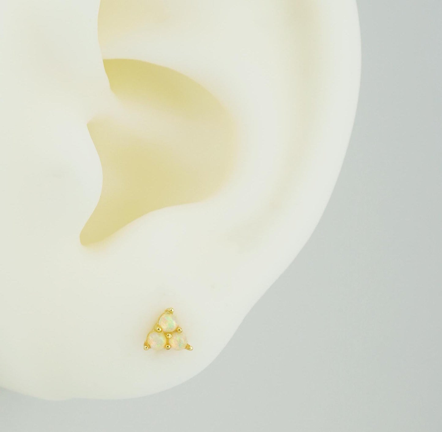 Trinity Fire Opal Stud Earring in Sterling Silver or Plated Gold, VERY TINY Opulent Trio Gem Stacking Piercing Jewelry