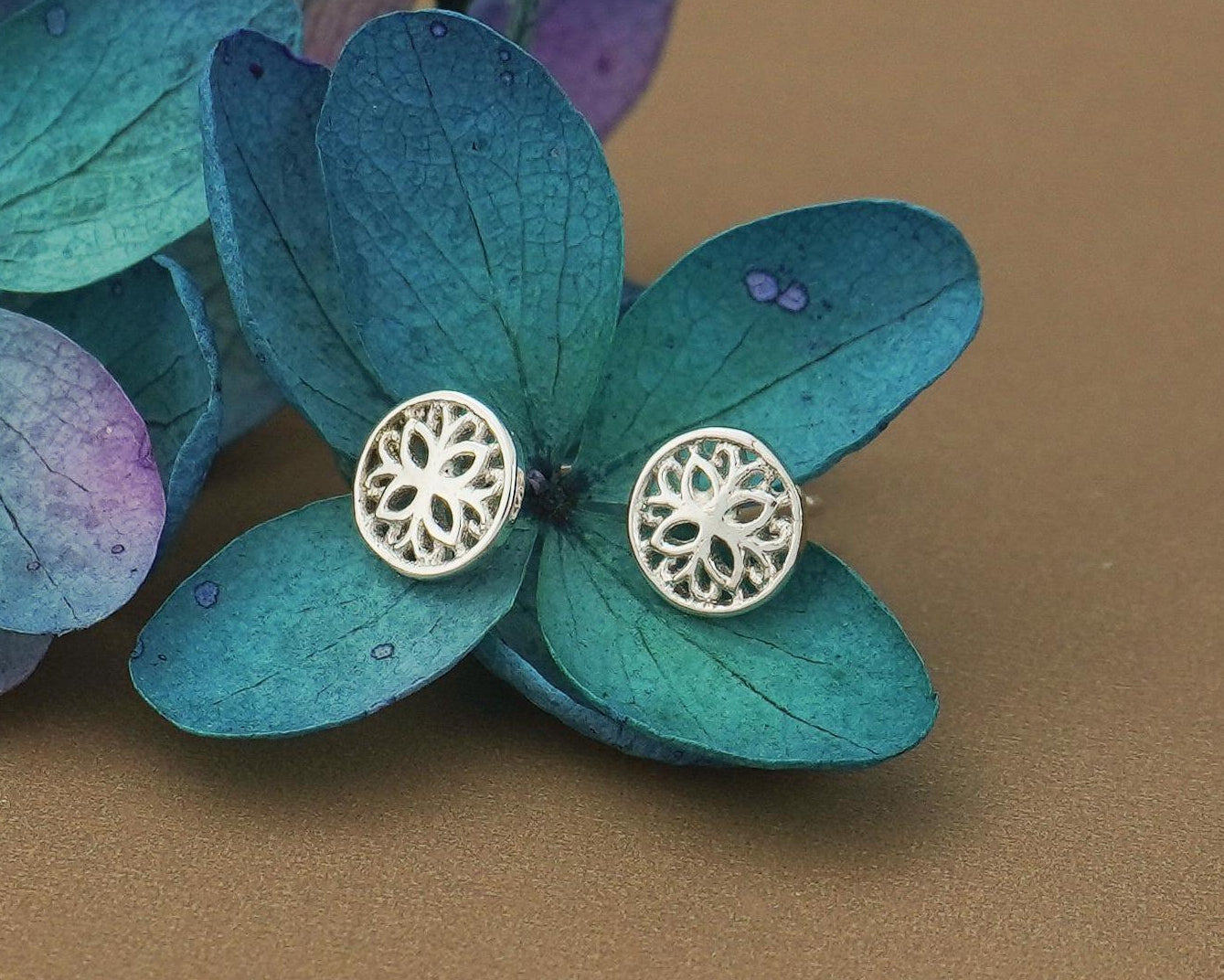 Pair of Spiritual Mandala Flower Stud Earrings in Sterling Silver