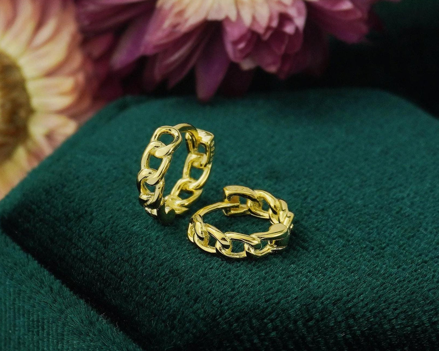 Pair of Bold Chunky Snug Fit Chain Link Huggie Earrings in Sterling Silver or Plated Gold