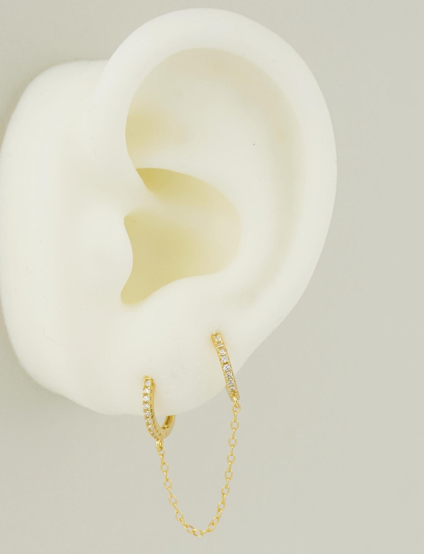 1 pc of Duo Hoop Earring with Dangly Link Chain in Sterling Silver or 18ct Gold Plated, Dainty CZ Crystal Paved Jewelry