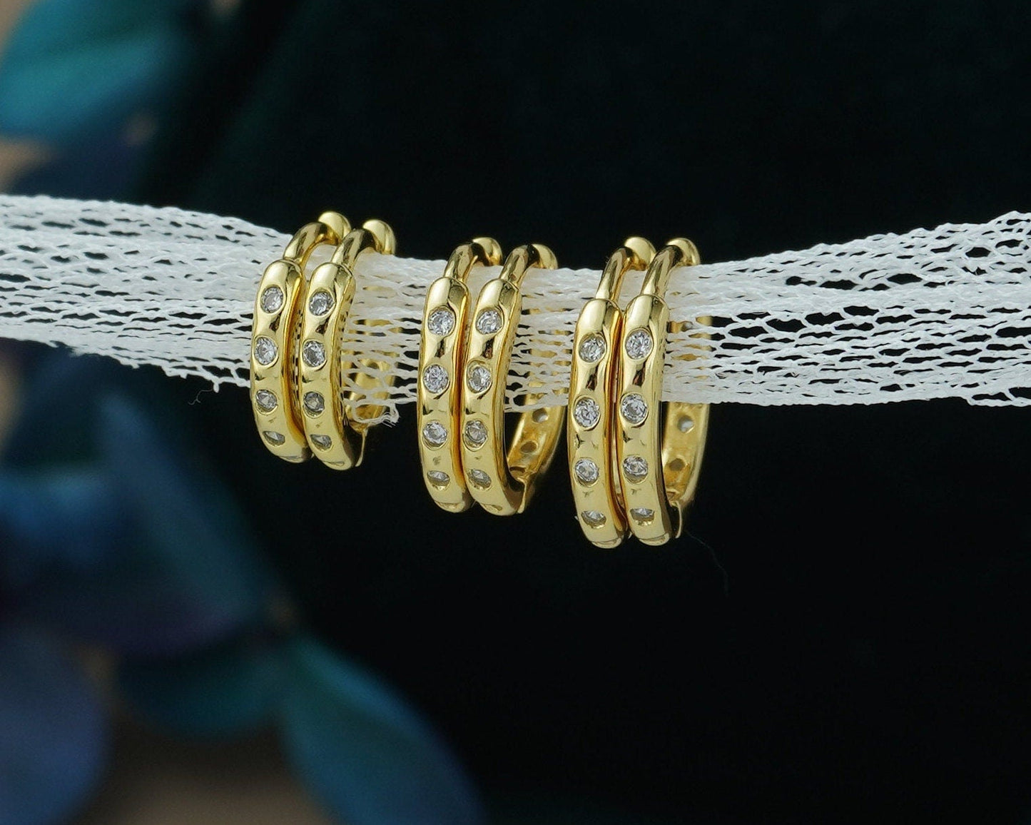 Pair of Sterling Silver Skinny Huggie Hoop Earrings with Smooth Round Edge, 3 Size, Gold or Rhodium Plated, Front & Back CZ