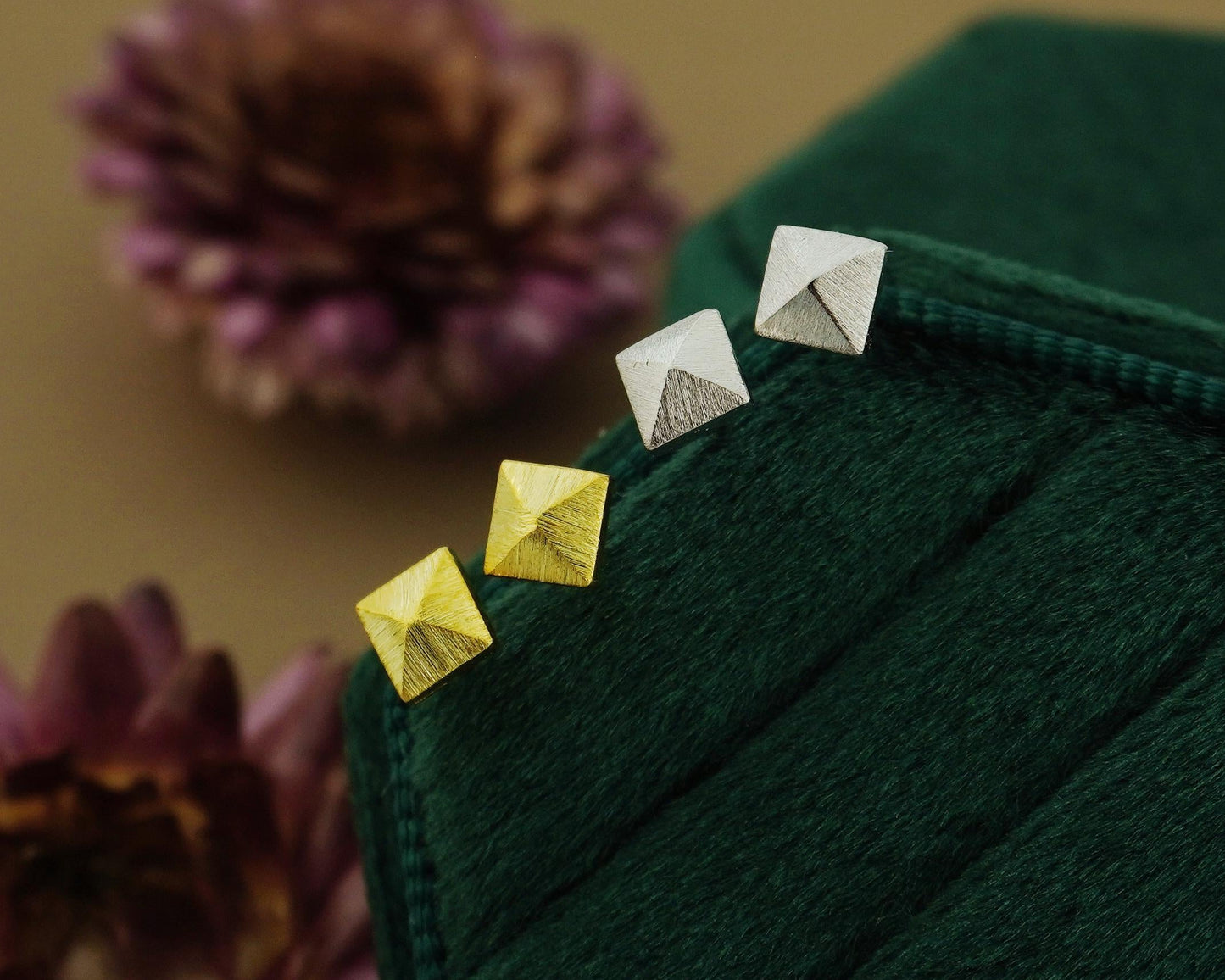 Pair of Sterling Silver Textured Pyramid Rivet Stud Earrings in Rhodium or 14ct Gold Plated