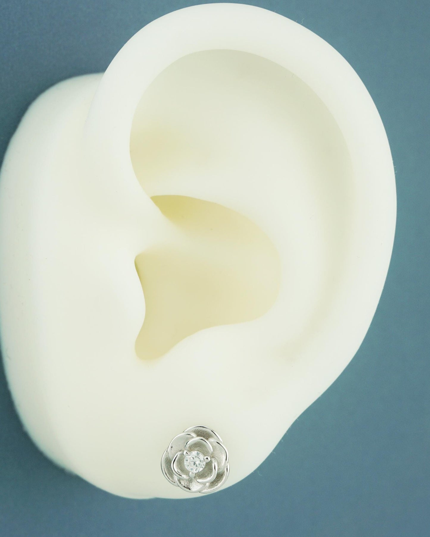 Pair of Camellia Flower Stud Earrings in Sterling Silver with CZ Crystal