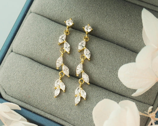 Pair of Dangly Marquise CZ Olive Leaf Stud Earrings in Gold Plated over Sterling Silver, Nature Inspired Bridal Wedding Jewelry