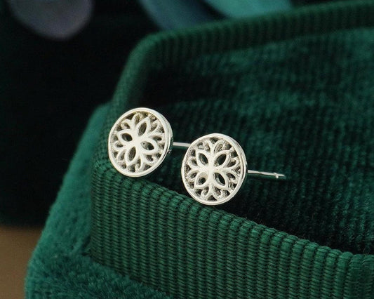 Pair of Spiritual Mandala Flower Stud Earrings in Sterling Silver