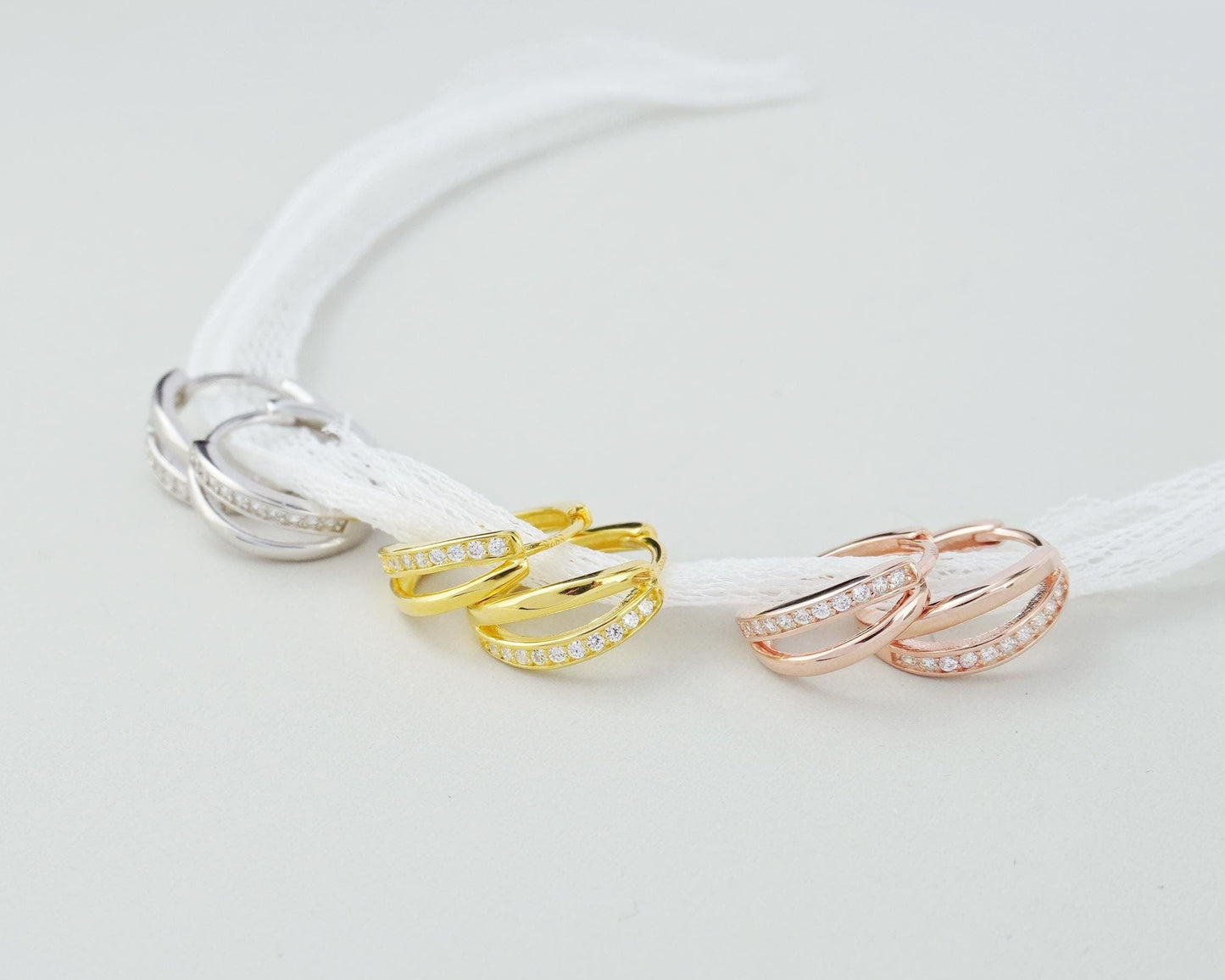 Pair of Sterling Silver Duo Asymmetric Ring Huggie Hoop Earrings in Rhodium, Gold or Rose Gold Plated