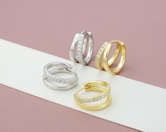 Pair of Duo Asymmetric Ring Huggie Hoop Earrings in S925 Sterling Silver or 18ct Plated Gold