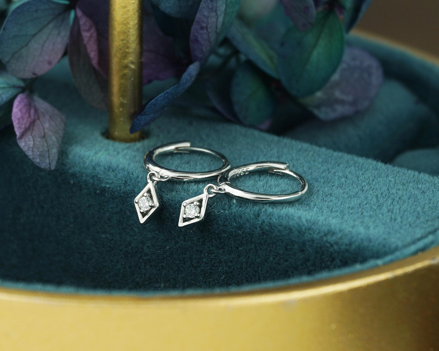 Pair of Tiny Dangle Diamond Shaped Charm CZ Huggie Hoop Earrings in 925 Sterling Silver or Plated Gold