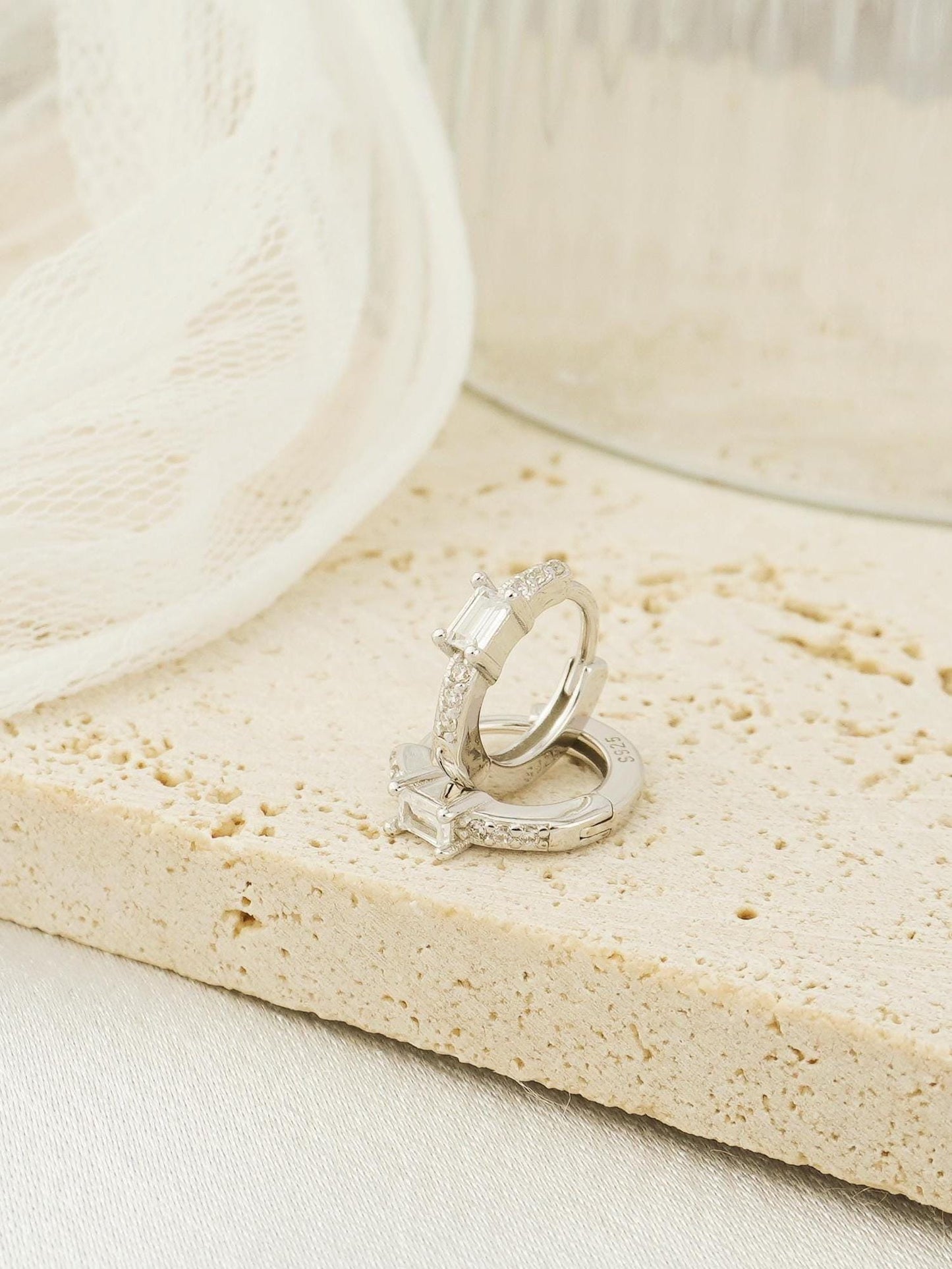 Pair of Paved Huggie Hoop Earrings in Sterling Silver or Plated Gold, Baguette CZ Stone