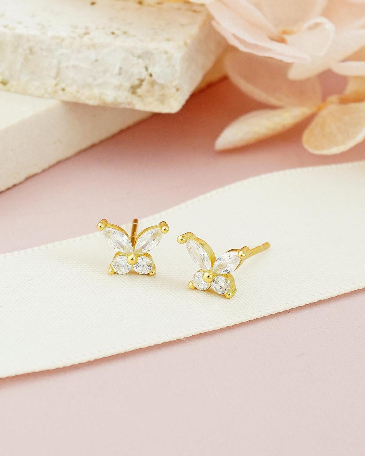 Pair of CZ Butterfly Stud Earrings in Sterling Silver or Gold Plated, Marquise Gem Nature Inspired Jewelry