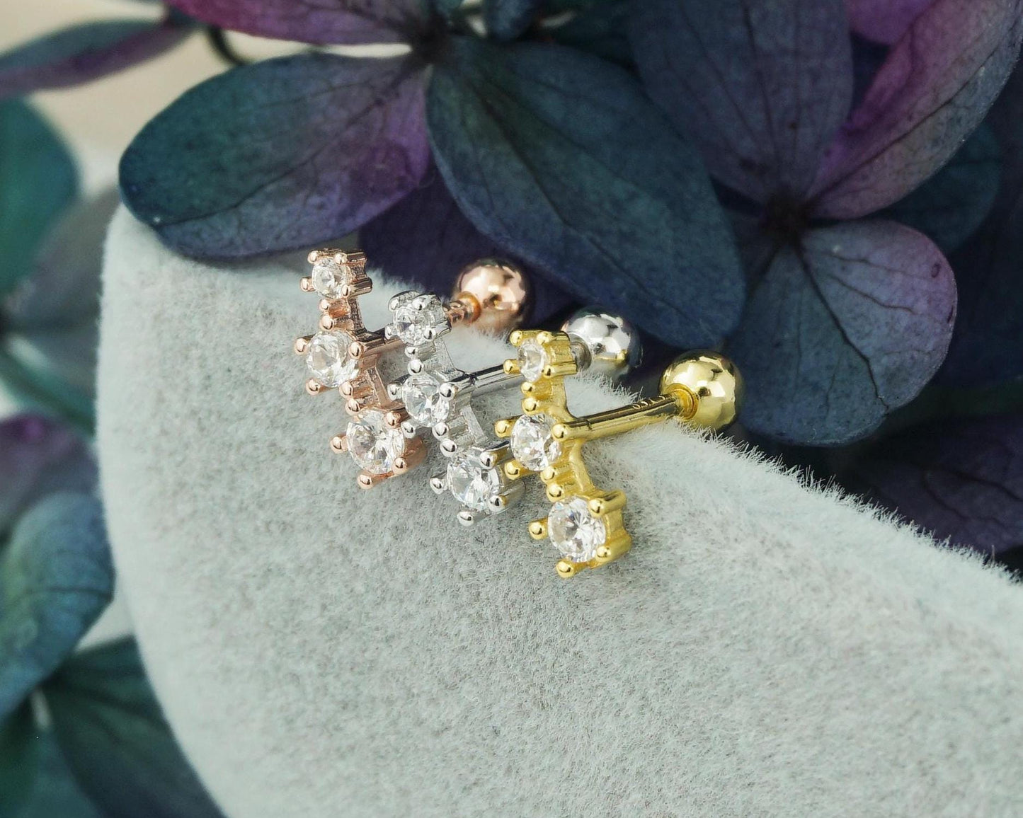 Pair of Tiny Sterling Silver Trio CZ Stud Earrings in Rhodium, Gold or Rose Gold Plated, Dainty Star Crawler with Screw Ball Back