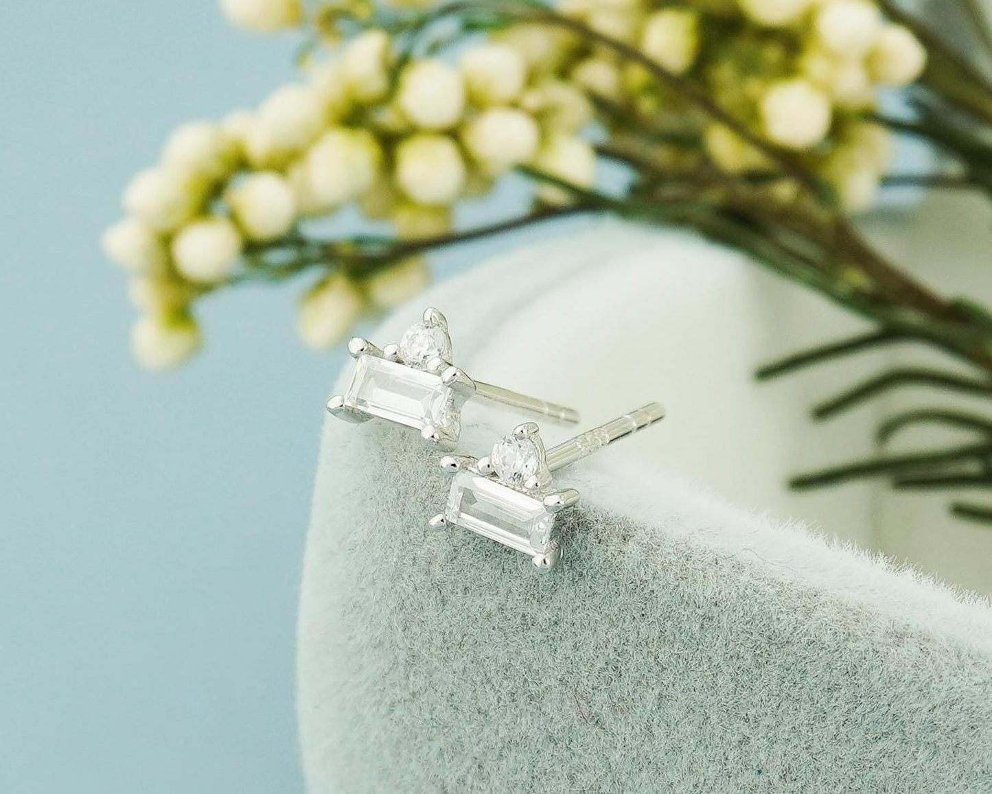 Pair of CZ Sterling Silver Stud Earrings in Rhodium or 18ct Gold Plated, Brilliant Cut & Baguette Duo Stacked Stone