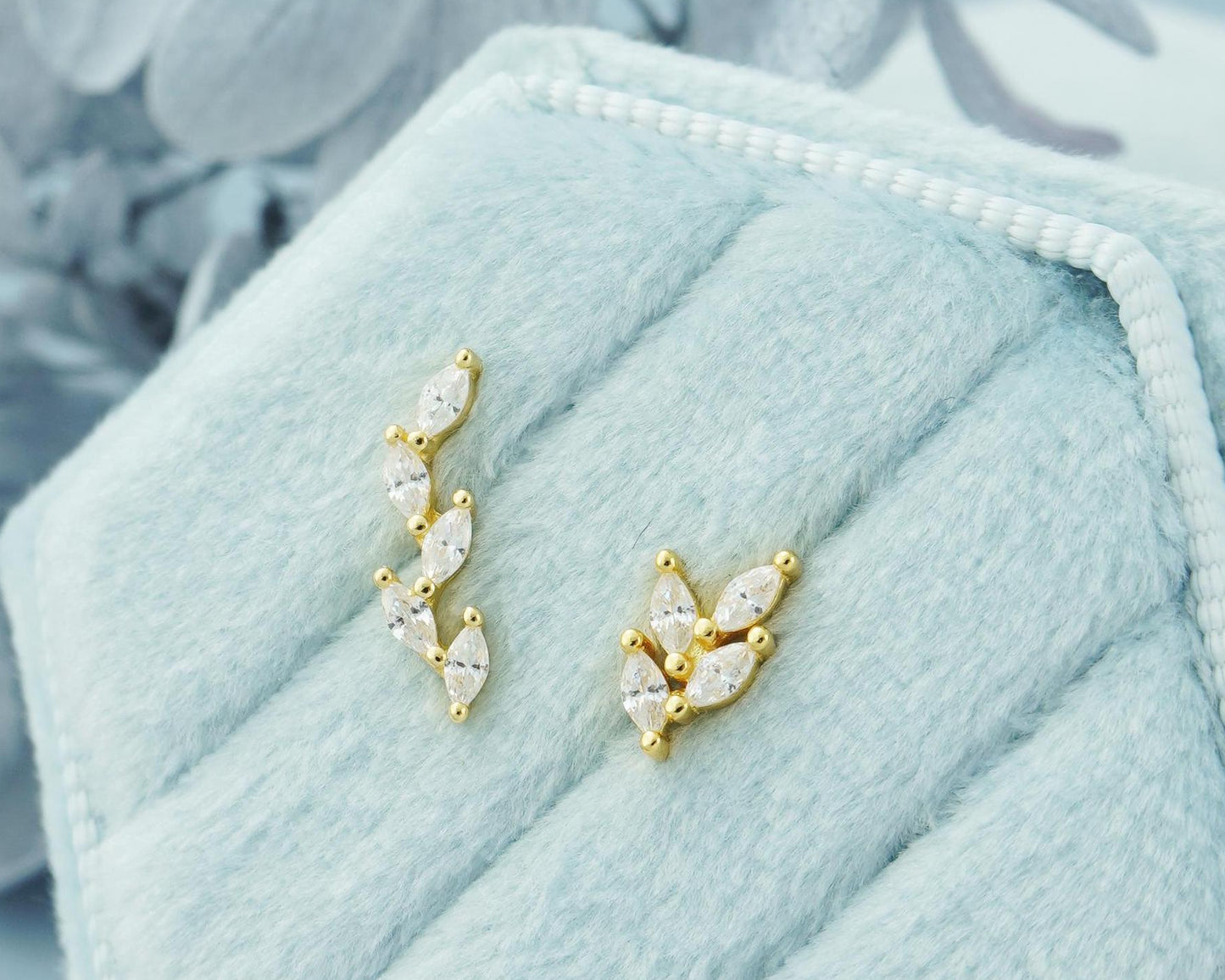 1 pc of Marquise CZ Leaf Flat Screw Back Stud Earring in Gold Plated over Sterling Silver, 16 Gauge 6mm/8mm Post
