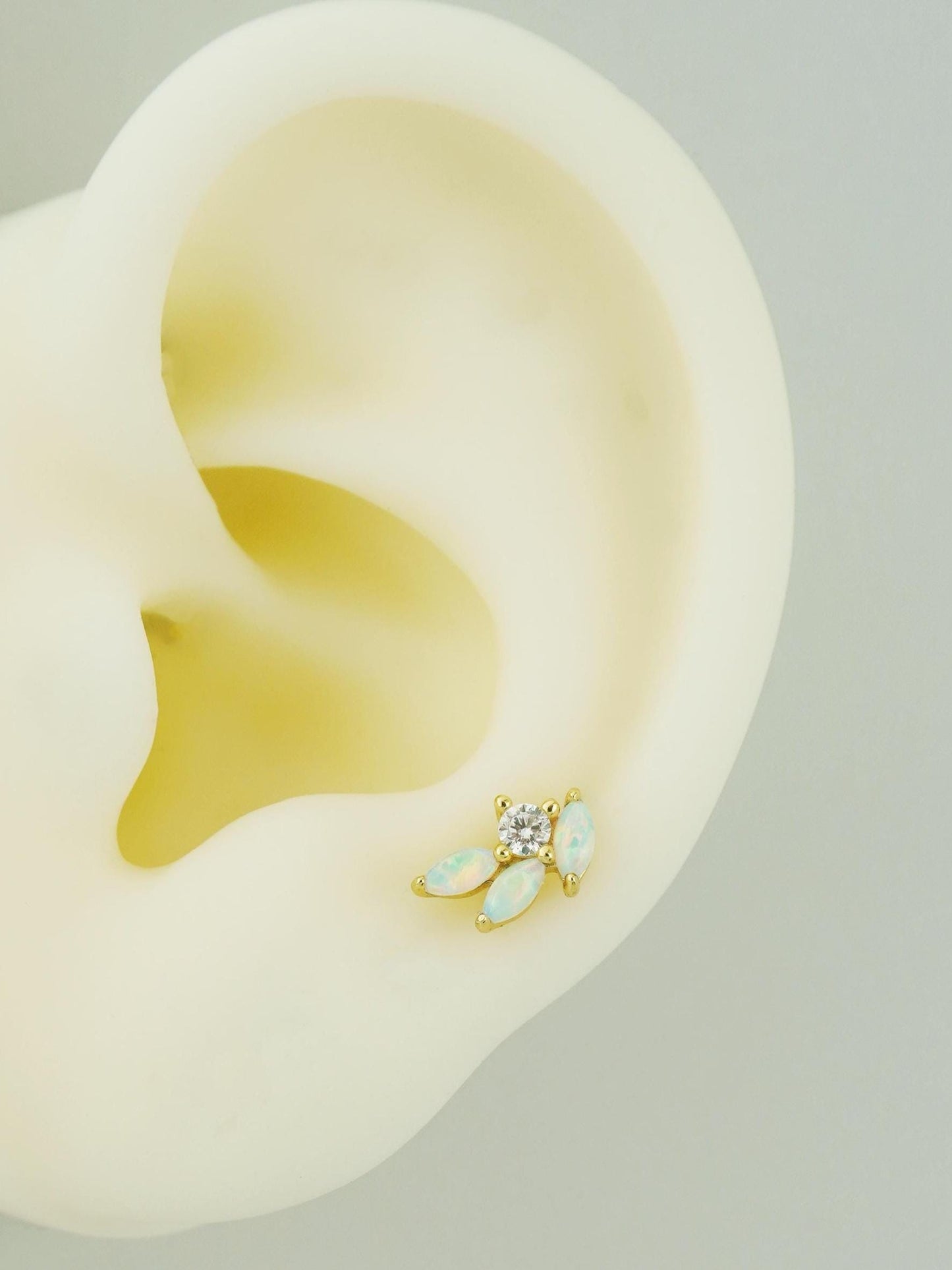 1 pc of Fire Opal Marquise Leaf & CZ Stud Earring in Gold Plated over Sterling Silver