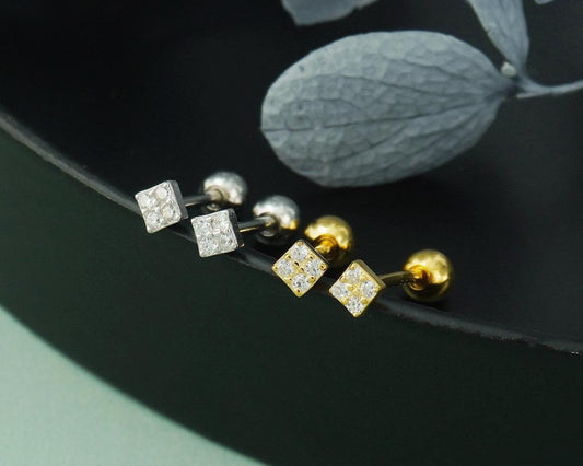 Pair of Sterling Silver Stud Earrings in Rhodium or Gold Plated, VERY TINY Square with Sparkly CZ Crystal Stones