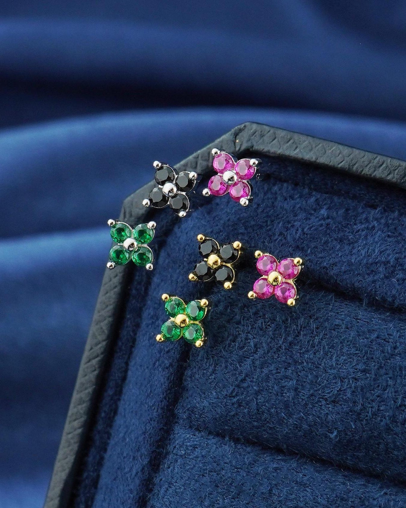 Pair of Tiny Quartet CZ Stud Earrings in Sterling Silver / Gold, Sparkly Hydrangea Flower in Emerald, Onyx, Ruby