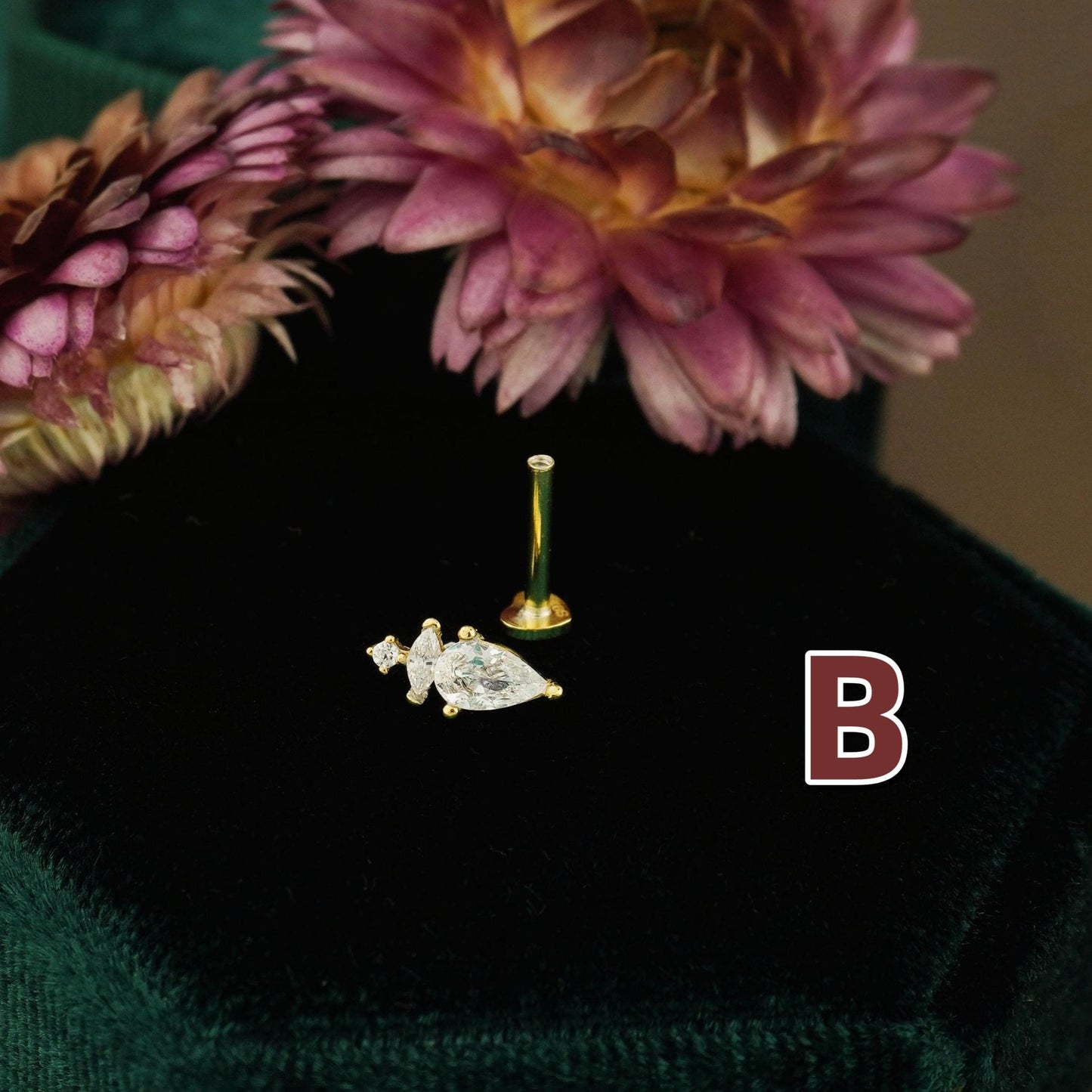 1 pc of CZ Stud Earring in 18k Gold Plated over Sterling Silver, Mini Trio Star/ Princess Cut/ Pear Cut Tragus Cartilage Labret