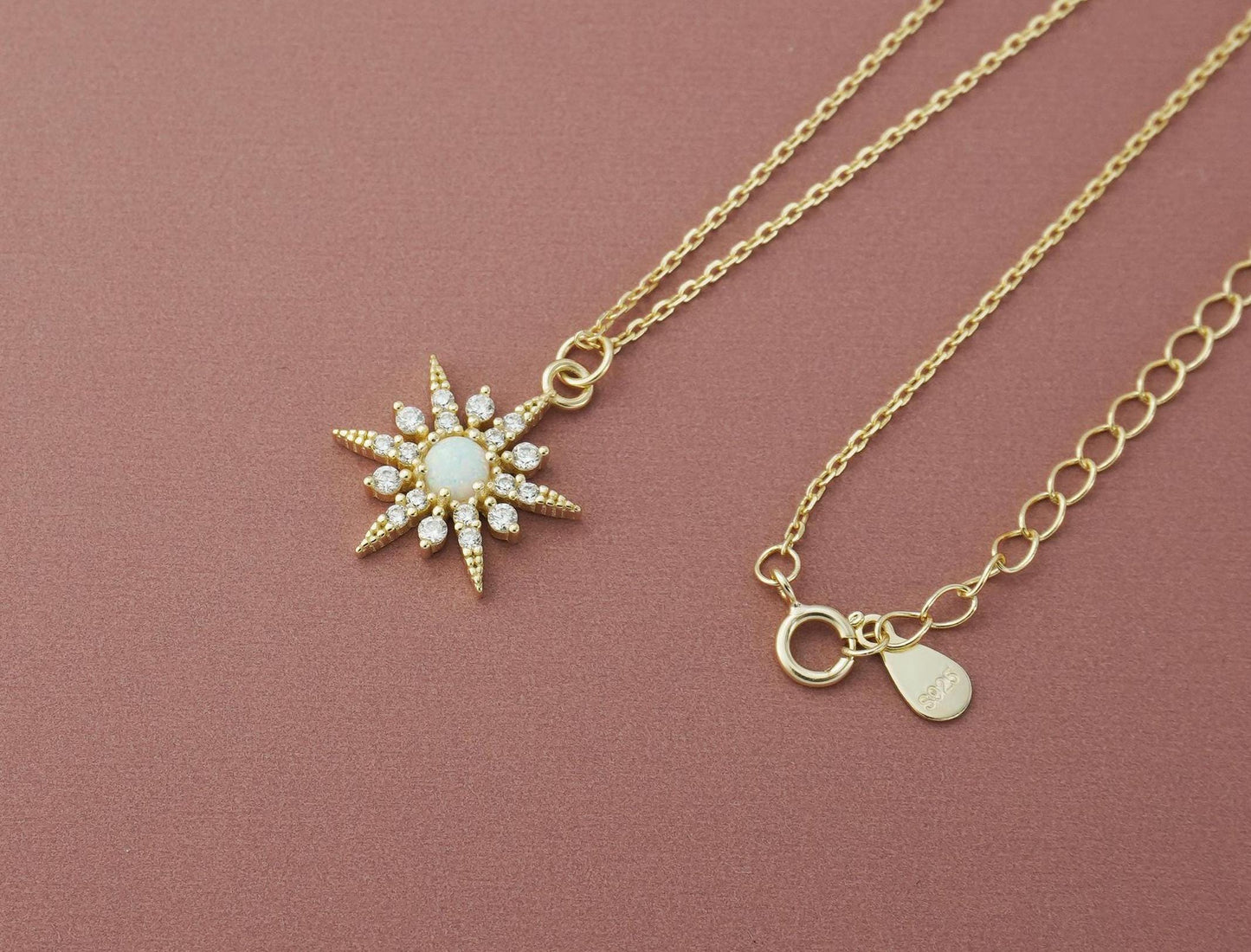 Sterling Silver Fire Opal Sun Pendant Necklace in Rhodium or 14ct Gold Plated, 40+5cm Cable Chain, Celestial Sunburst Starburst