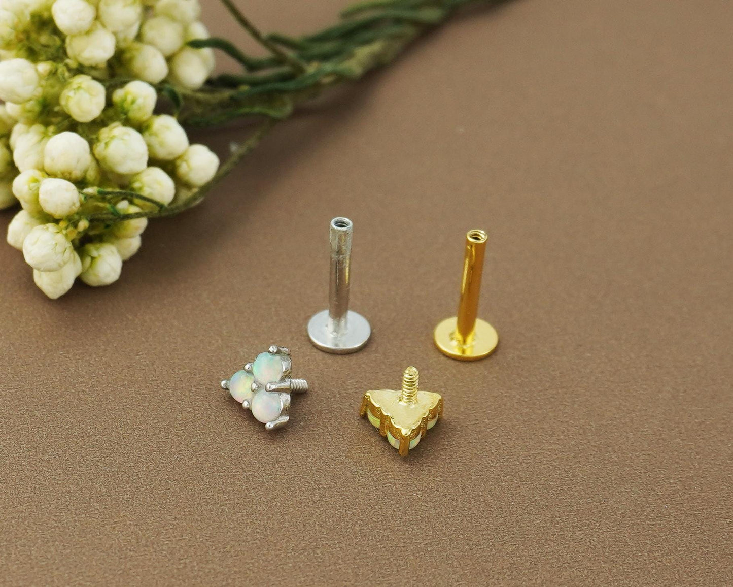 Trinity Fire Opal Stud Earring in Sterling Silver or Plated Gold, VERY TINY Opulent Trio Gem Stacking Piercing Jewelry