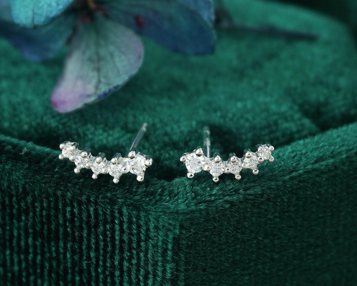 Pair of Sterling Silver 5 CZ Stud Earrings in Rhodium, Rose Gold or 18ct Gold Plated, Sparkly Star Climber
