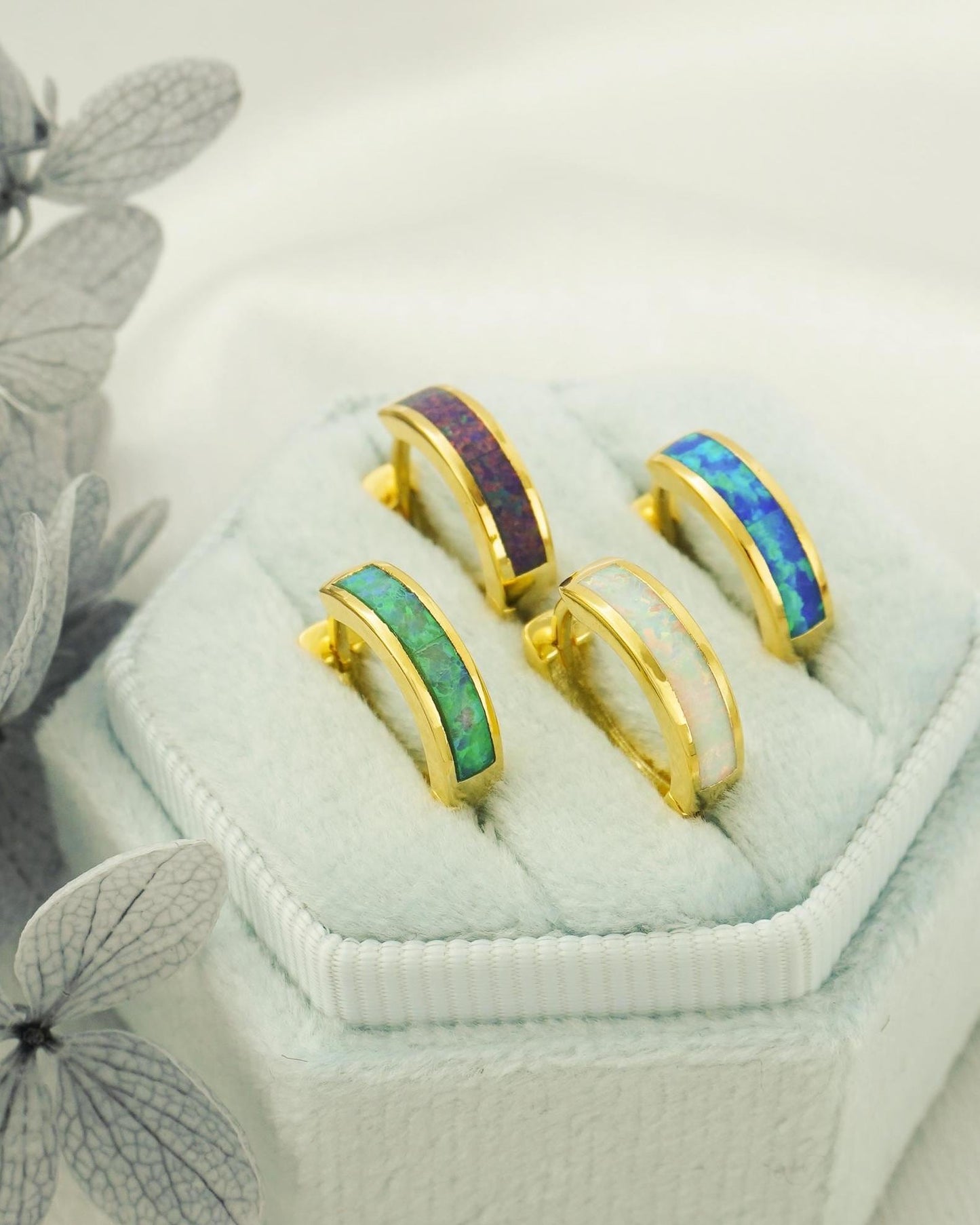 Pair of Elegant Opal Inlay Huggie Hoop Earrings in Gold Plated Brass, Purple, Blue, Green or White Stone