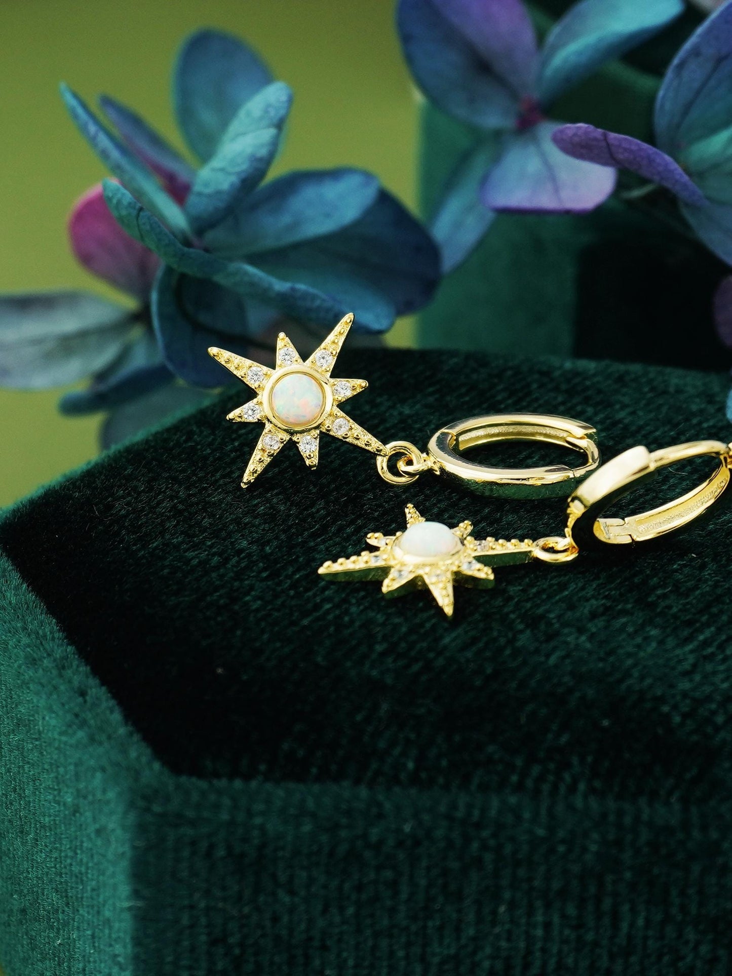 Pair of Opal Starburst Huggie Hoop Earrings in 925 Sterling Silver or 18ct Plated Gold