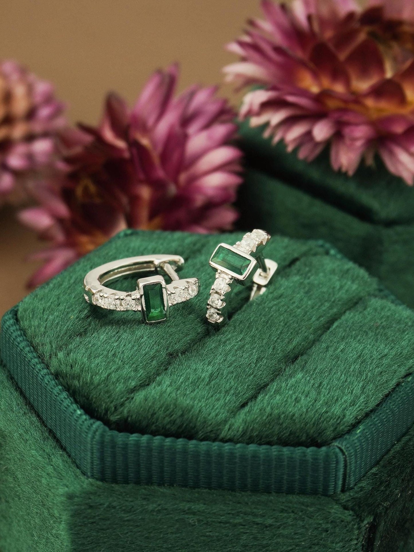 Pair of Emerald Green Baguette CZ Huggie Hoop Earrings in Sterling Silver or Plated Gold, Rectangular Crystal Gem Paved Loop Earlobe Jewelry