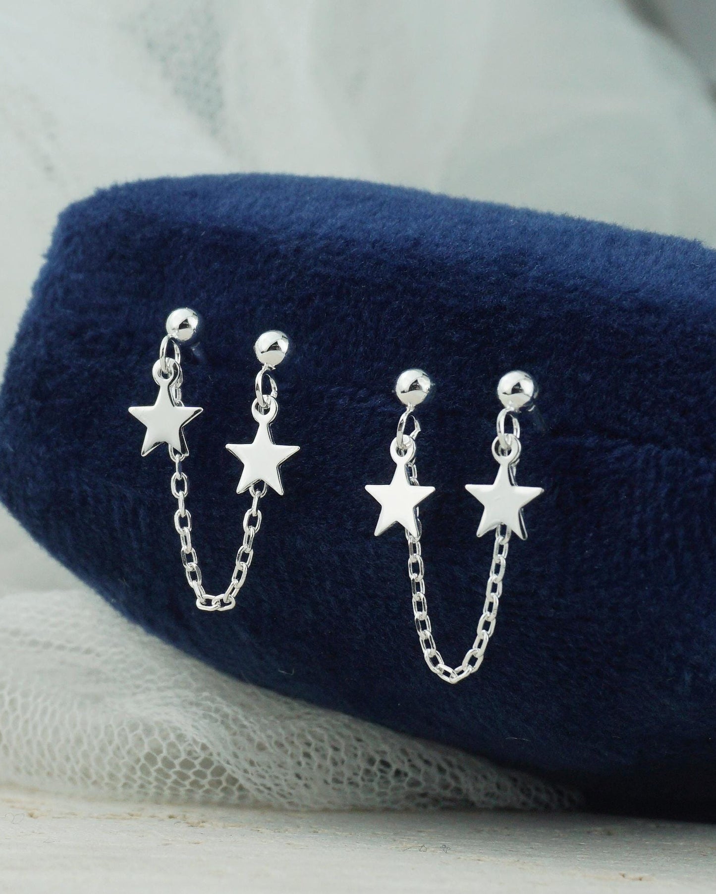 Pair of Double Stellar Stud Earrings in Sterling Silver, Dangly Celestial Twin Stars on Chain