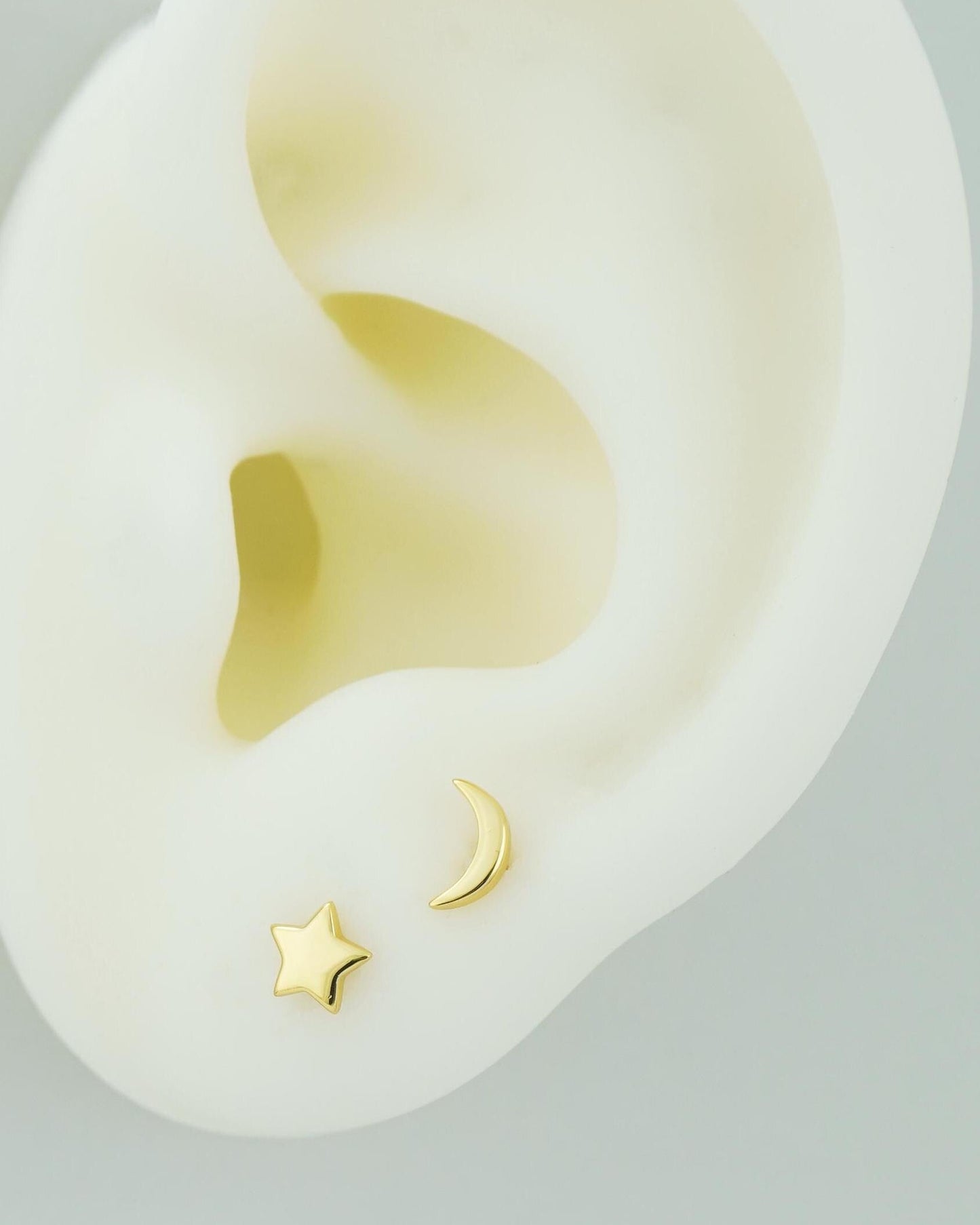Pair of Sterling Silver Tiny Crescent Moon & Star Stud Earrings in Rhodium or 18ct Gold Plated, Mismatched Asymmetric Design