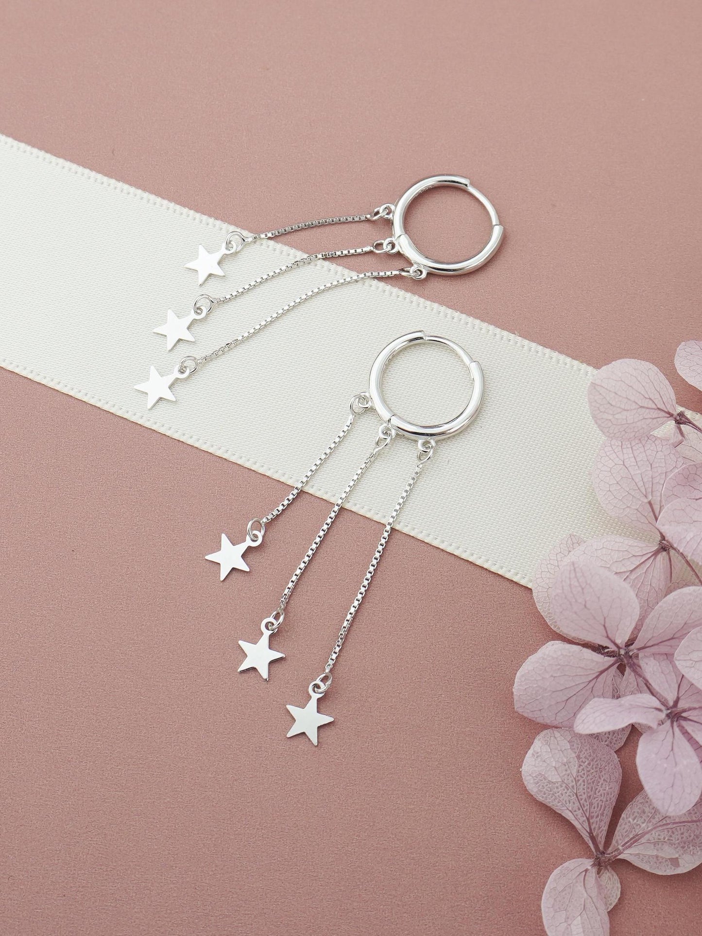 Pair of Trio Stars Huggie Hoop Earrings in Sterling Silver, Dangly Celestial Charm, Dainty Tassel Triple Chain Ear Jewelry